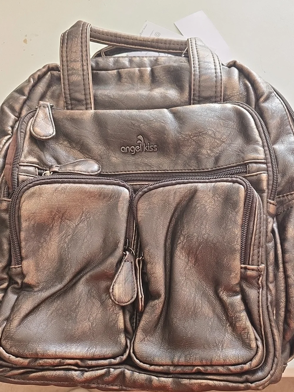 Angel Kiss Men's Bronze Faux-Leather Travel Backpack